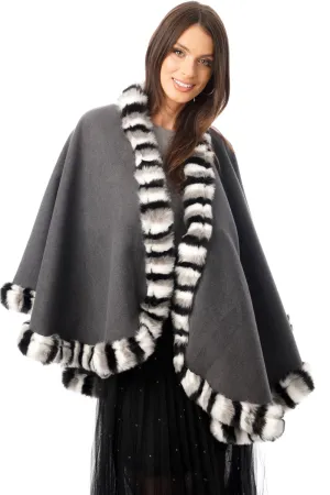 Knitted Faux Fur Swing Poncho Cape with Duo Colour Fur Trim