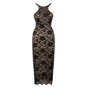 Lace Bodycon Midi Dress Black Nude