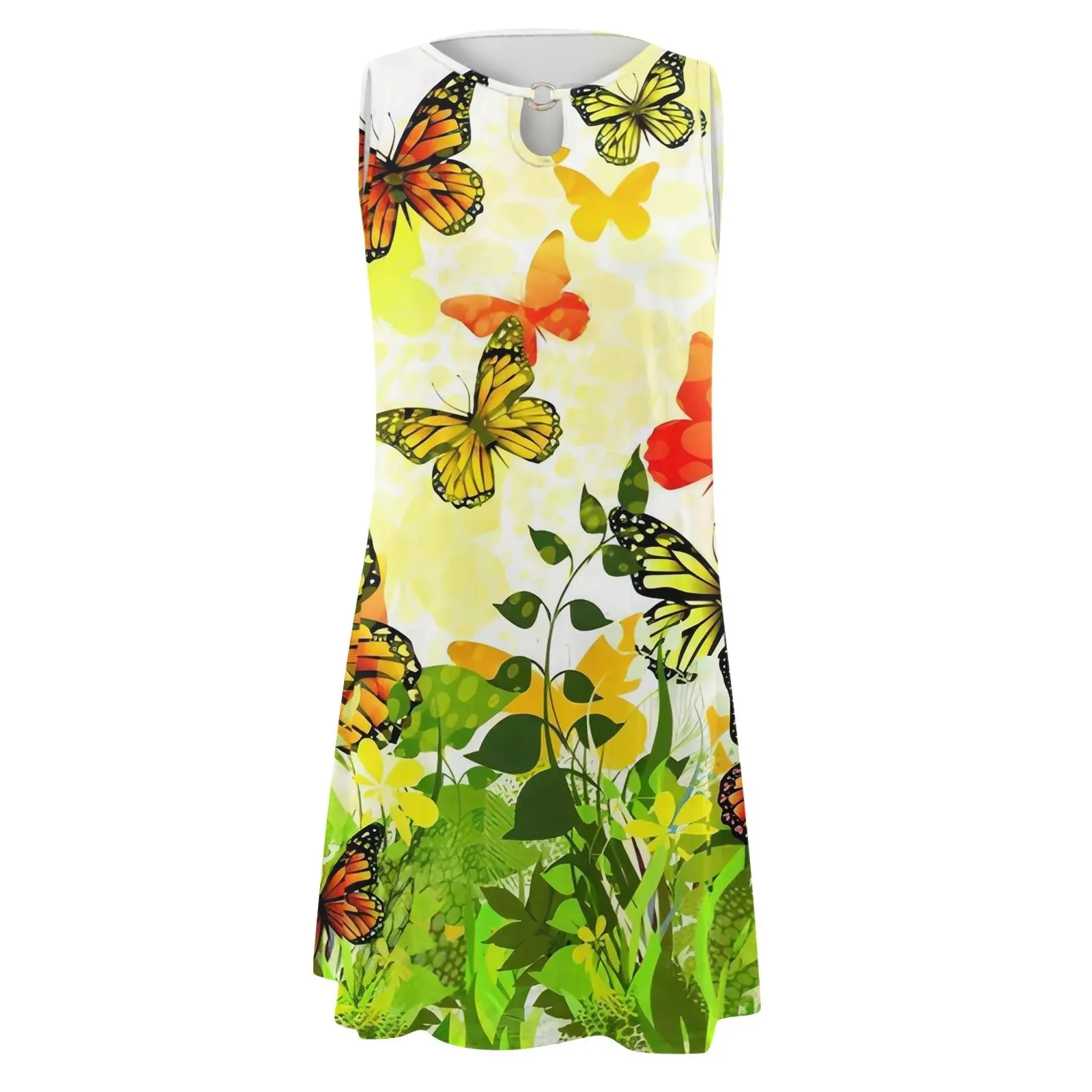 Ladies Casual Summer Color Blocking Printed Sleeveless Sexy Hollow Out V-neck Loose Fitting Mini Dress Fashion A Line Dresses