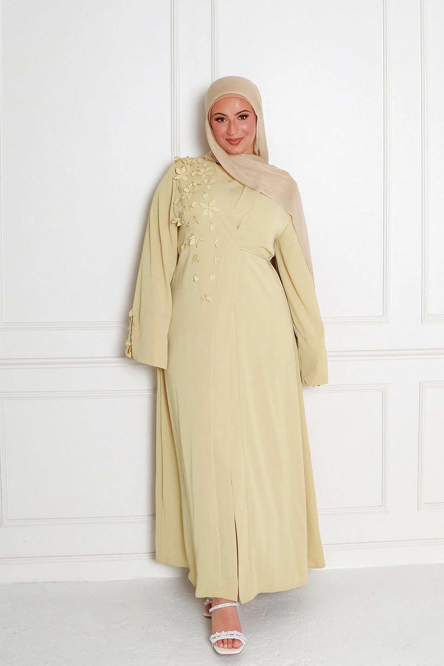 Lilian Embroidery Abaya Set- Butter Yellow