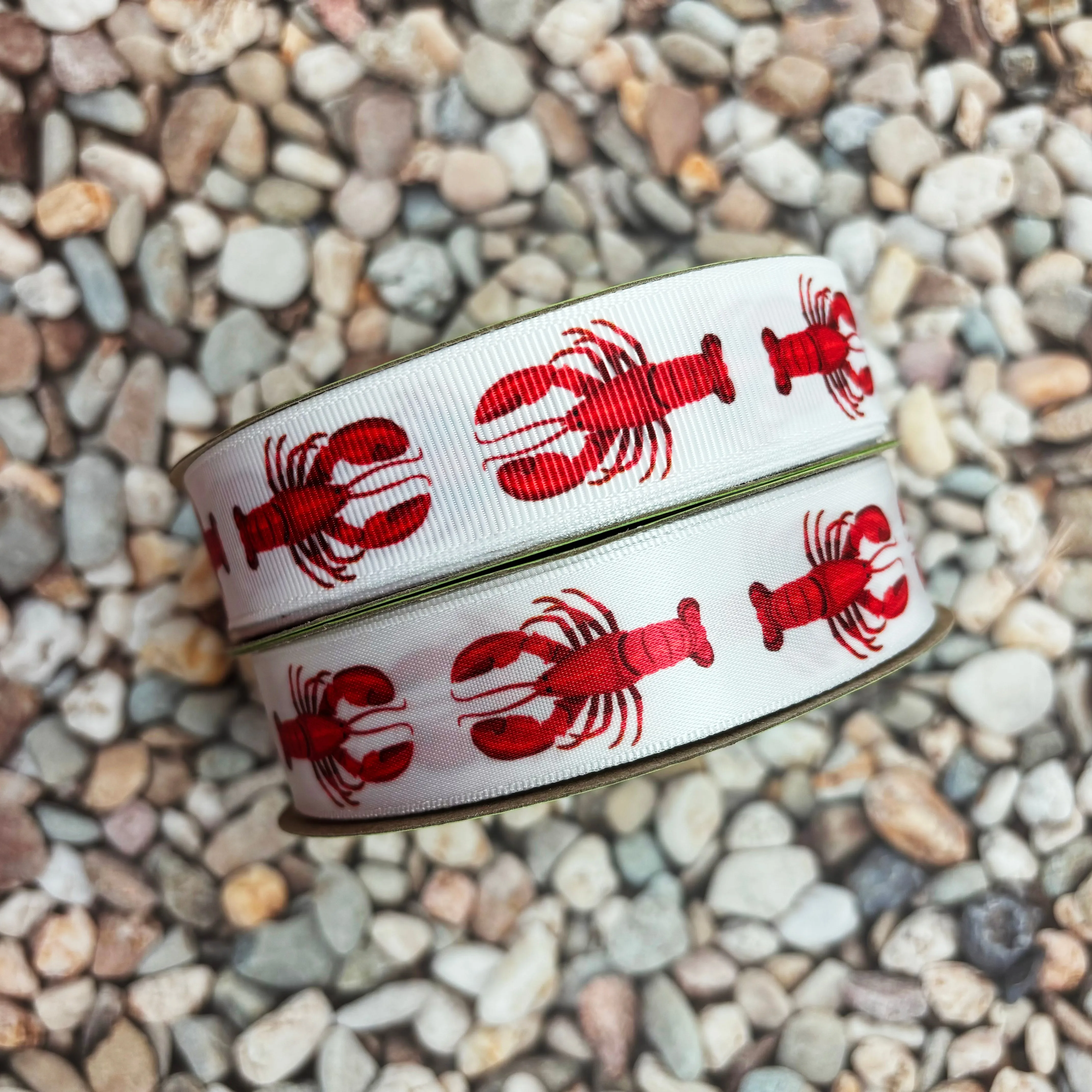 Lobster ribbon, red lobsters printed on 7/8"  and 1.5" white satin and grosgrain