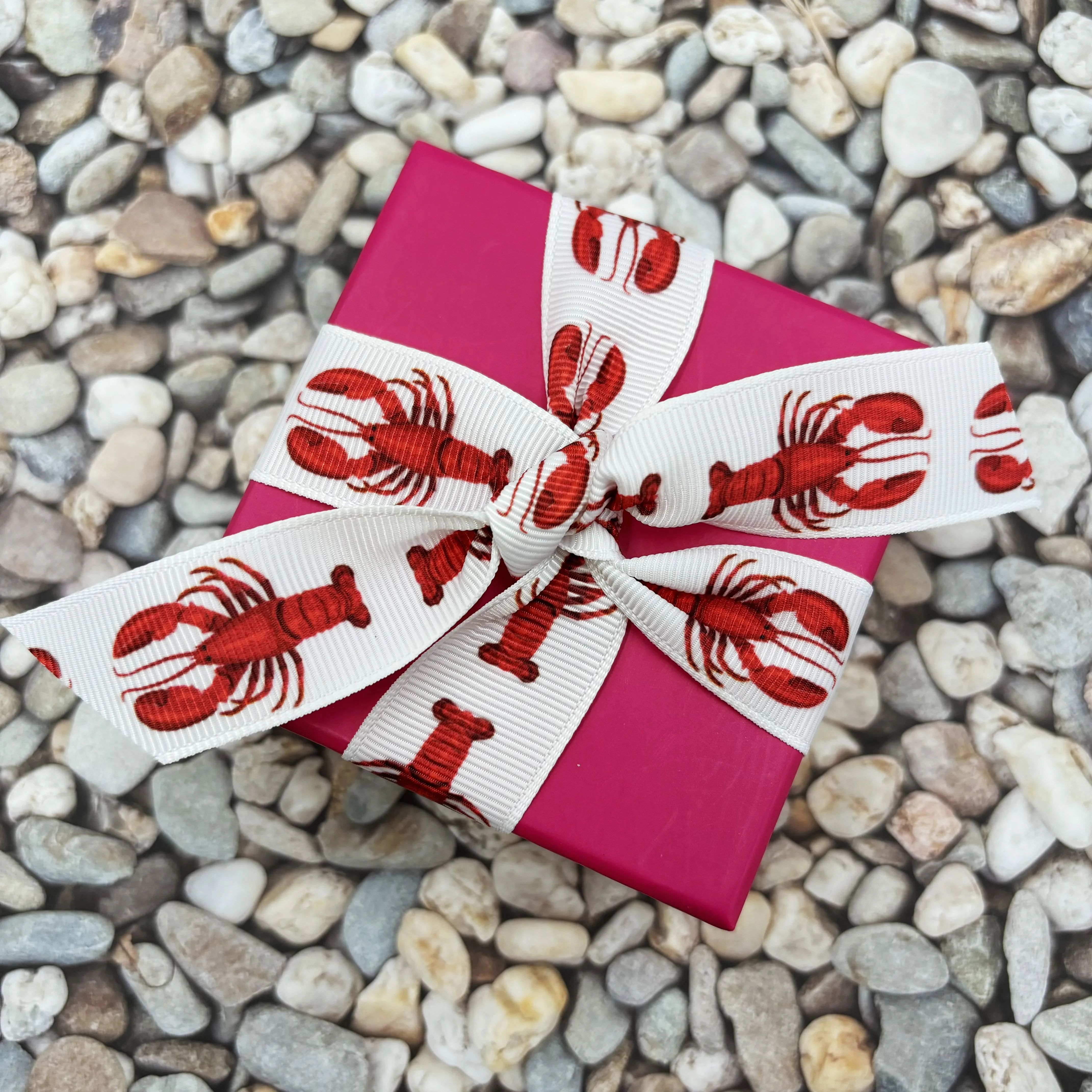 Lobster ribbon, red lobsters printed on 7/8"  and 1.5" white satin and grosgrain