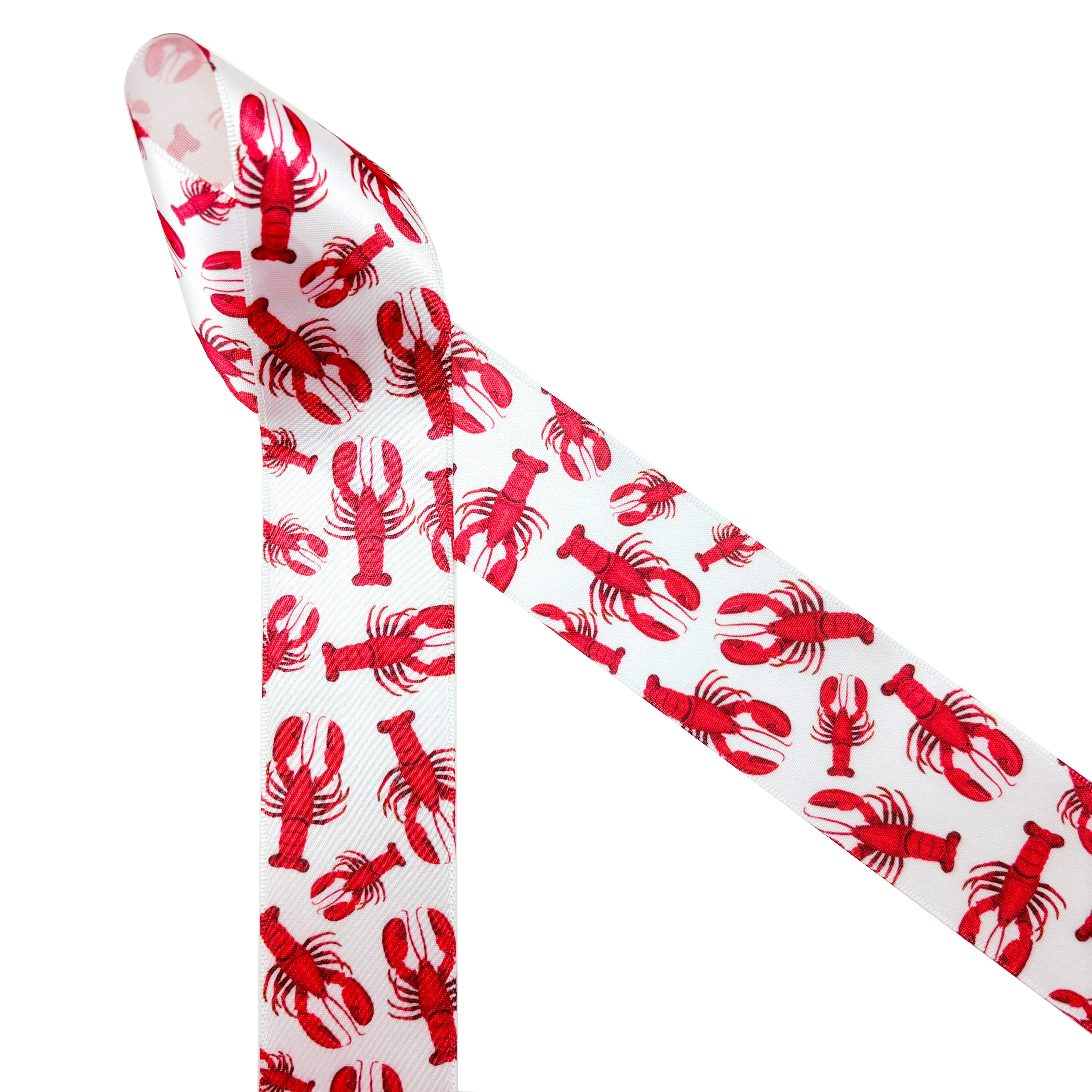 Lobster ribbon, red lobsters printed on 7/8"  and 1.5" white satin and grosgrain