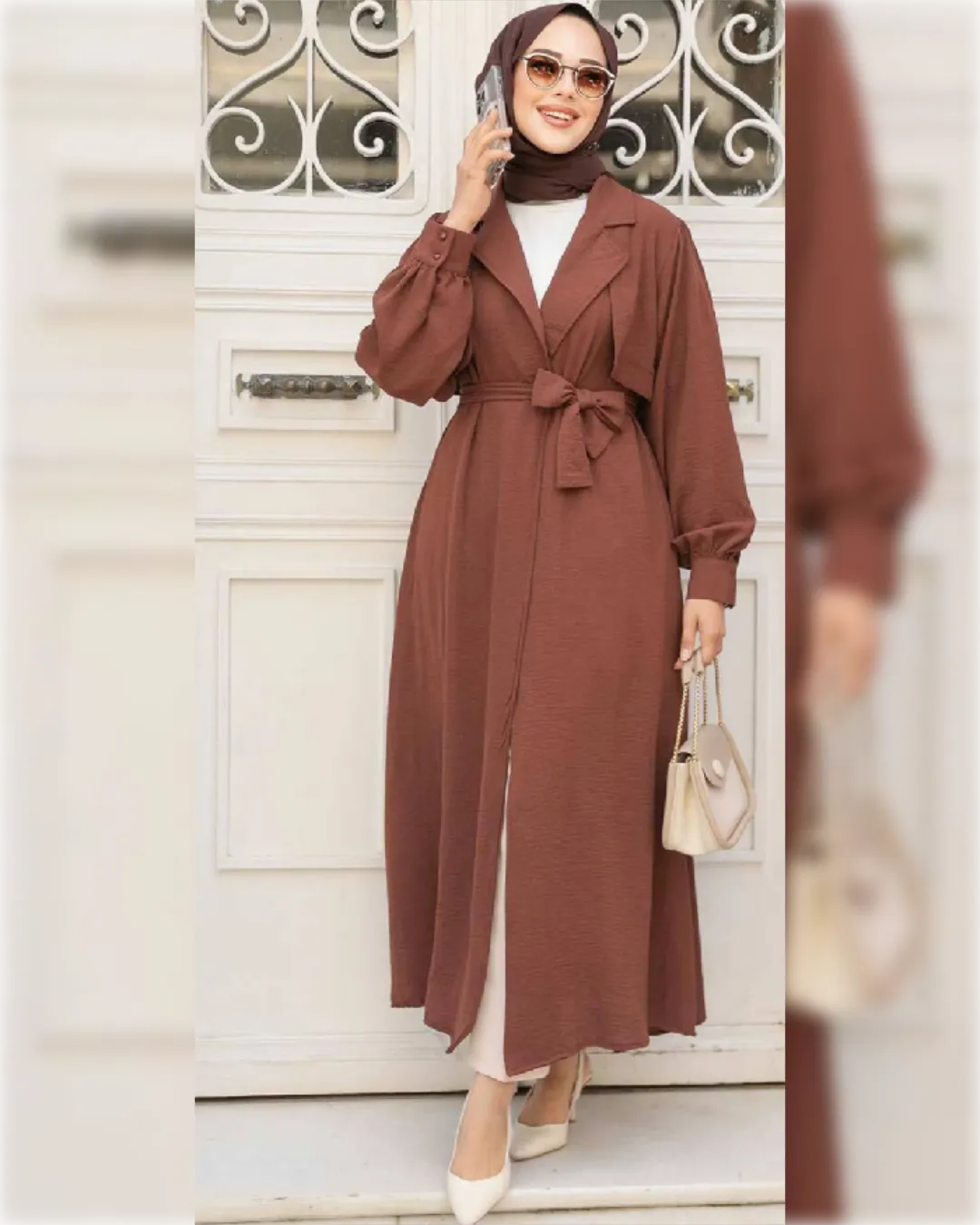 Long Belted Aerobin Cardigan in Copper Shade  كارديجان طويل بحزام و بياقة مميزة من قماش الأيروبين باللون النحاسي الجميل