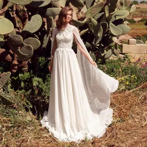 Long Cape Sleeve Chiffon Lace A Line Wedding Sweep Train Bridal Dress