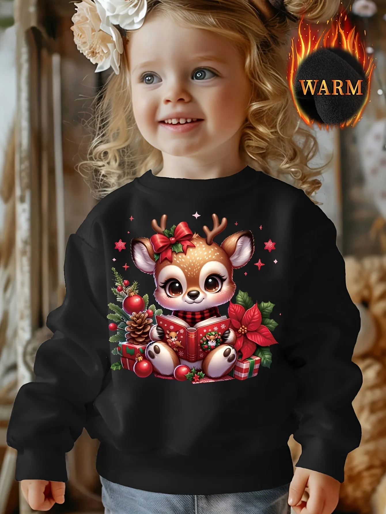 Magical Christmas, Cozy Fleece-Lined Girls' Christmas Sweatshirt with Cute Reading Reindeer Print - Casual Long Sleeve Pullover for Fall/Winter