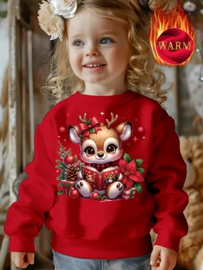 Magical Christmas, Cozy Fleece-Lined Girls' Christmas Sweatshirt with Cute Reading Reindeer Print - Casual Long Sleeve Pullover for Fall/Winter