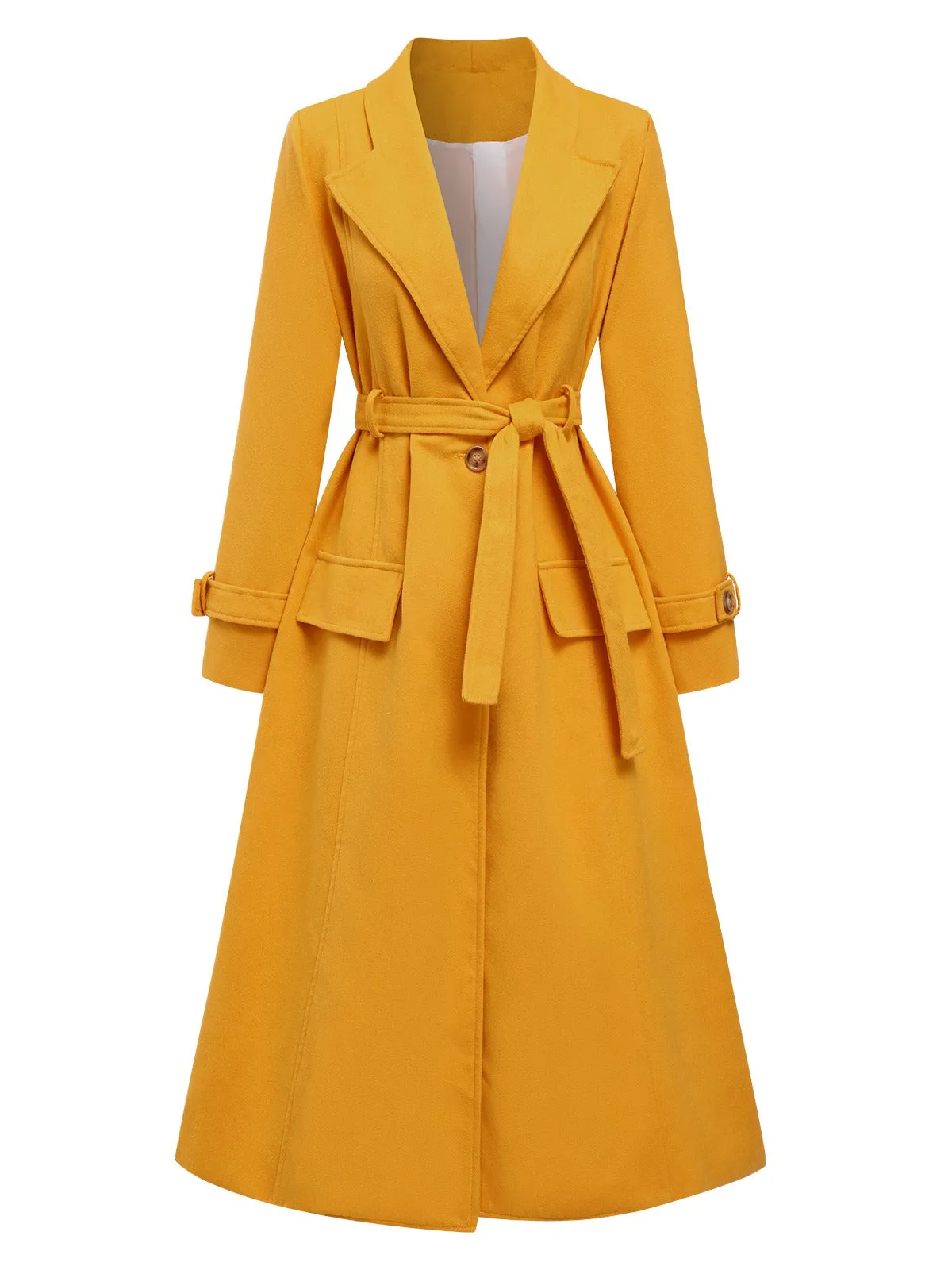 Mango Yellow 1930s Solid Lapel Long Coat