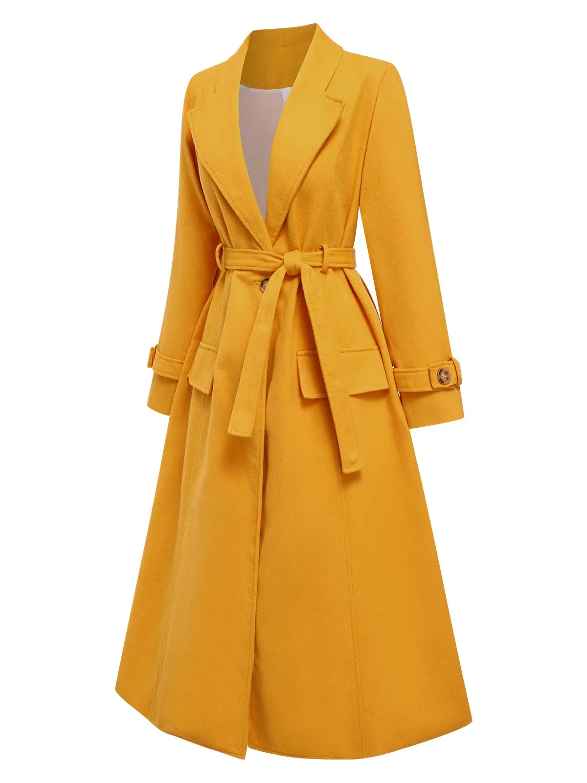 Mango Yellow 1930s Solid Lapel Long Coat