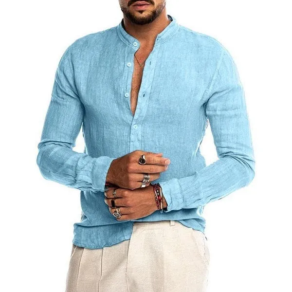 Men Stand Neck Linen Cardigan Shirt