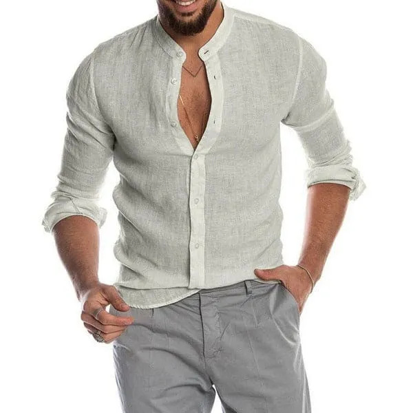 Men Stand Neck Linen Cardigan Shirt