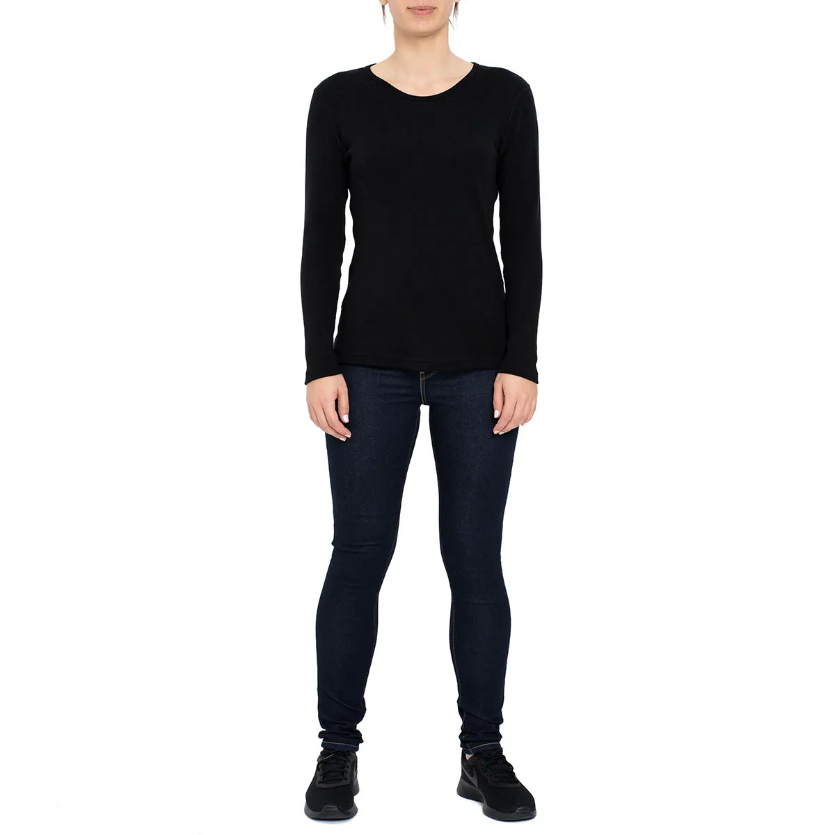 MENIQUE Long Sleeve Crew 100% Merino Wool Womens Shirt Black