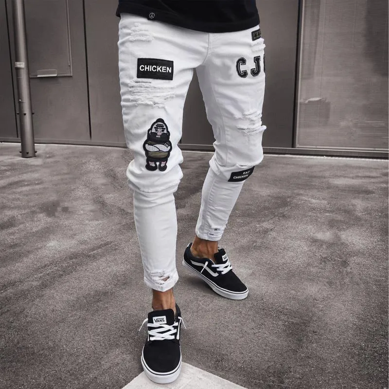 Men's Ripped Trendy Black Slim Fit White Jeans