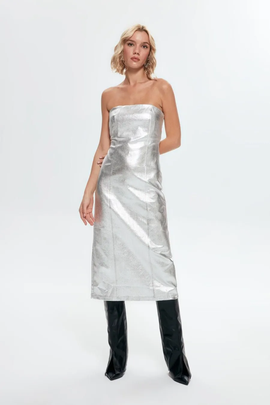 Metallic Strapless Midi Bodycon Denim Dress - Silver