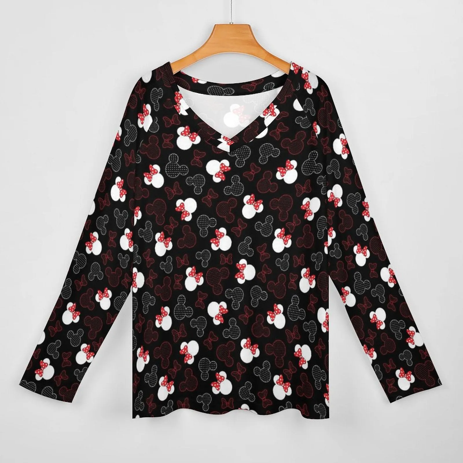 Mickey And Minnie Dots Long Sleeve Loose V-Neck Tee