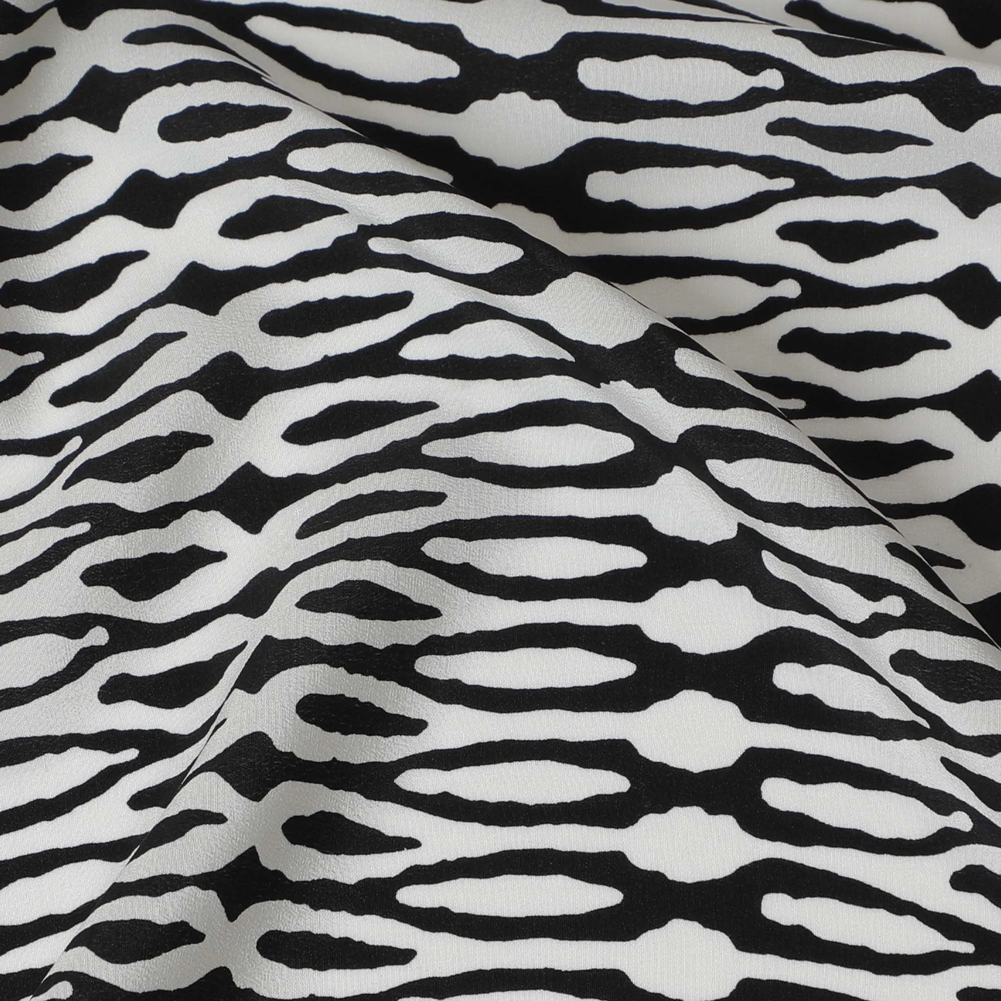 Monochrome Serpentine Pure Silk Crepe Fabric - Bold Print, 110cm Width, Indian Silk - Buy Online by the Meter-D18040