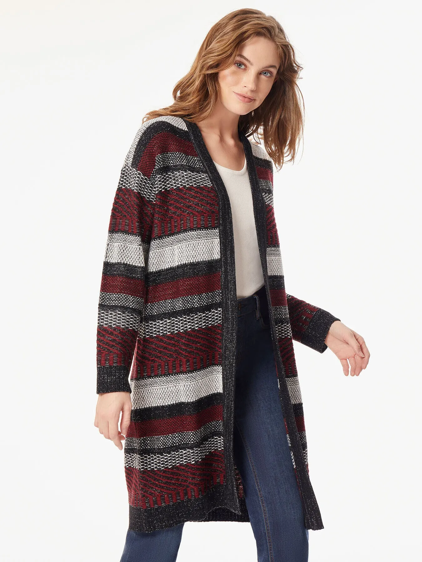 Multi-Striped Open Front Cardigan