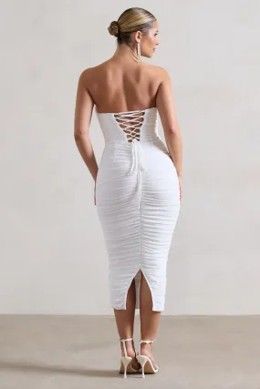 Nylah | White Ruched Corset Bodycon Midi Dress