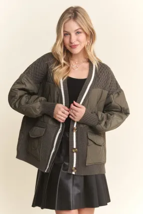 Olive Button Down Quilted Sweater Cardigan