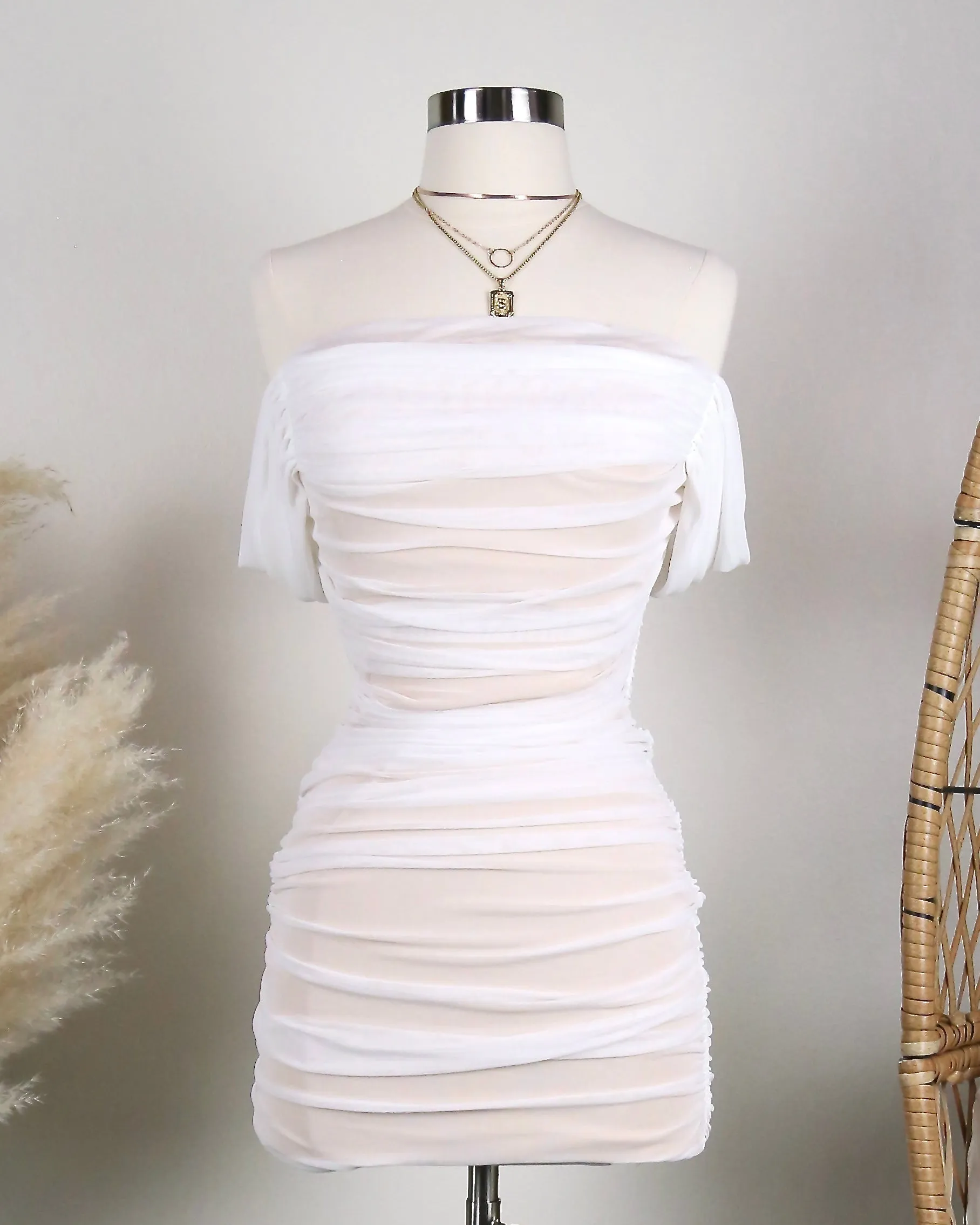 On The Line Ruched Strapless Mini Mesh Dress in White