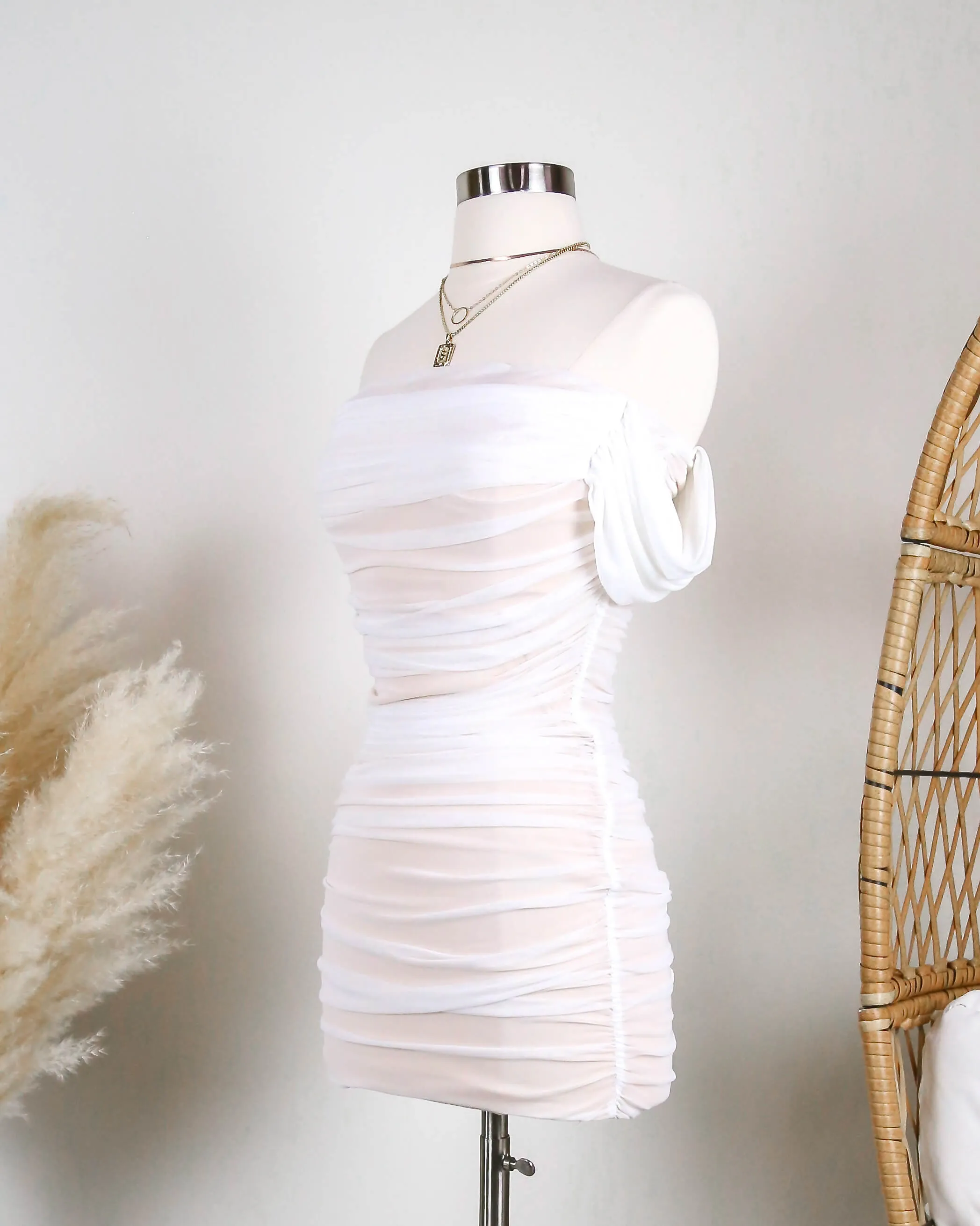 On The Line Ruched Strapless Mini Mesh Dress in White