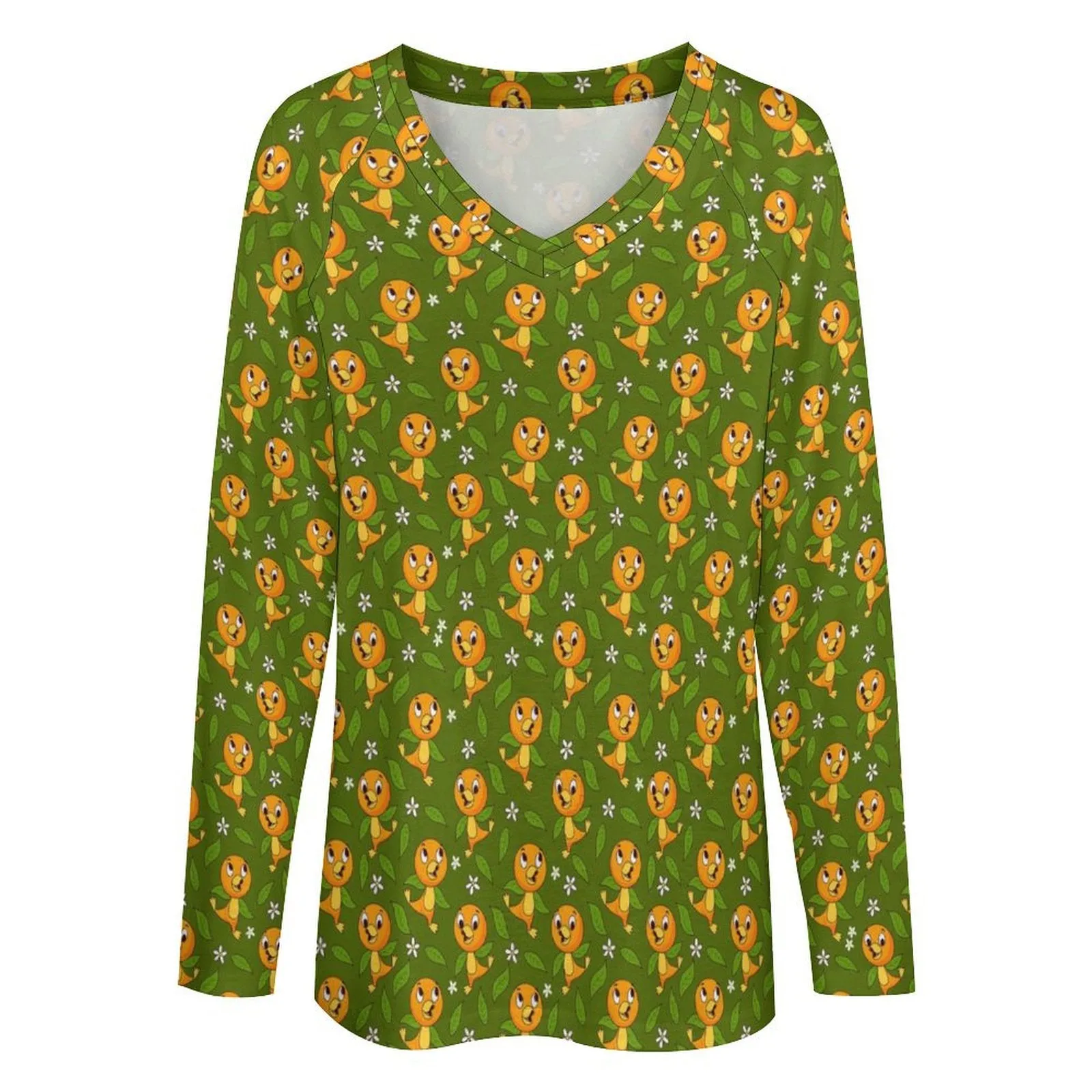 Orange Bird Long Sleeve Loose V-Neck Tee