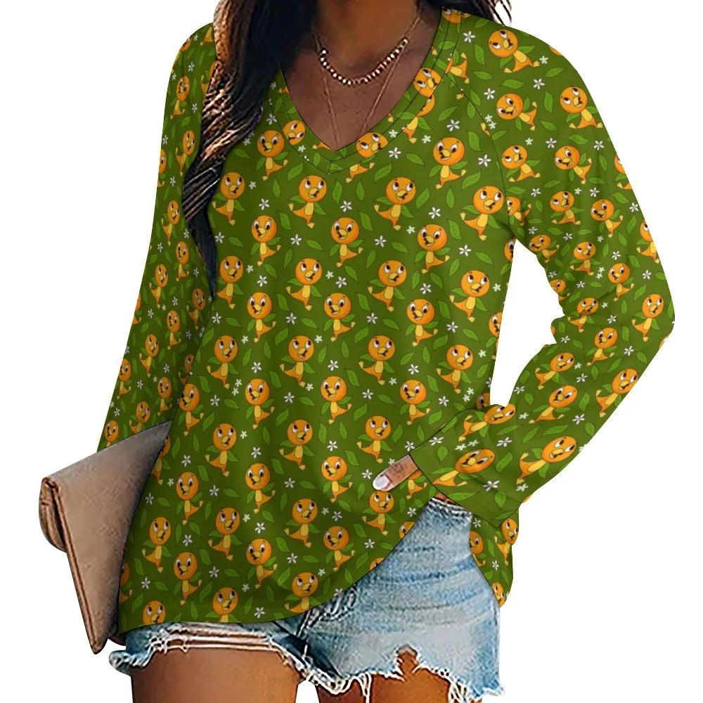 Orange Bird Long Sleeve Loose V-Neck Tee