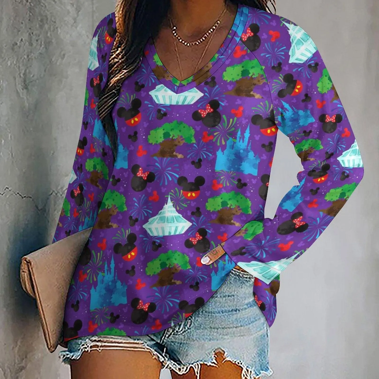 Park Hopper Fireworks Long Sleeve Loose V-Neck Tee