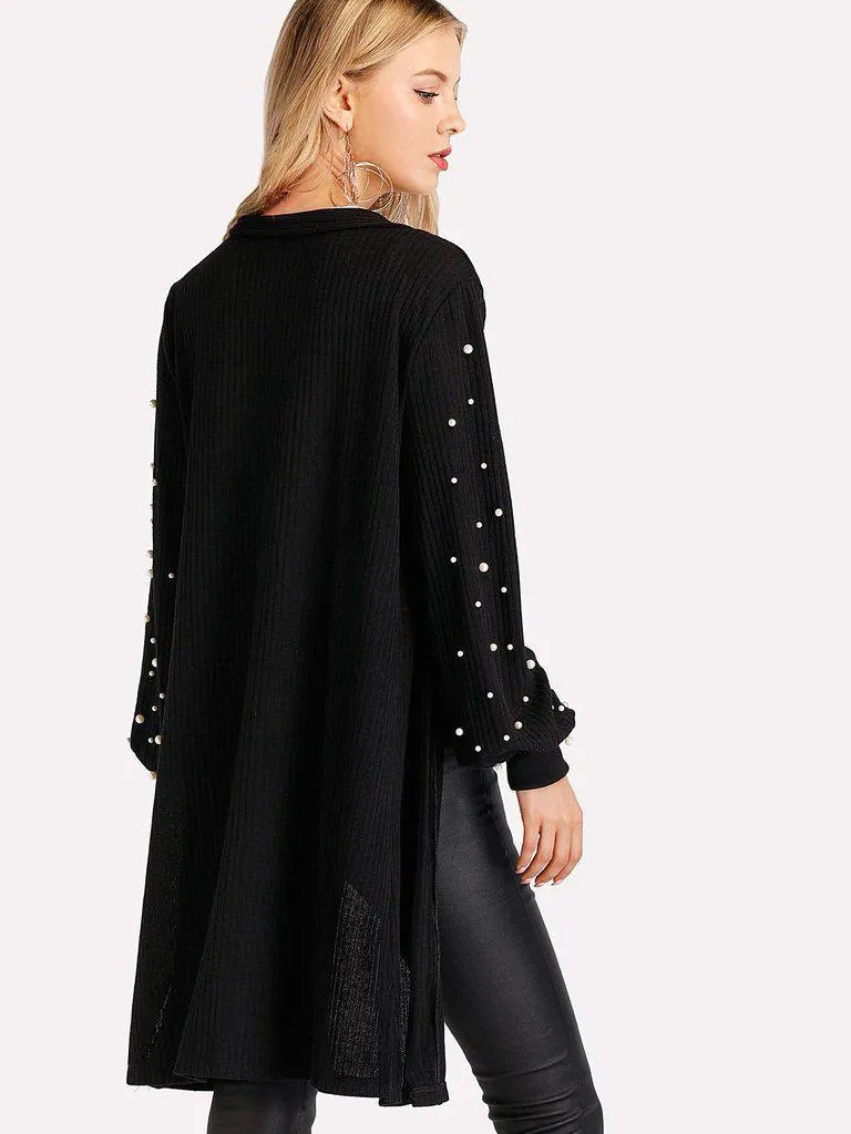 Pearl Beading Balloon Sleeve Cardigan