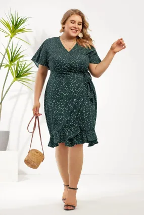 Polka Dot Print V Neck Split Hem Wrap Dress