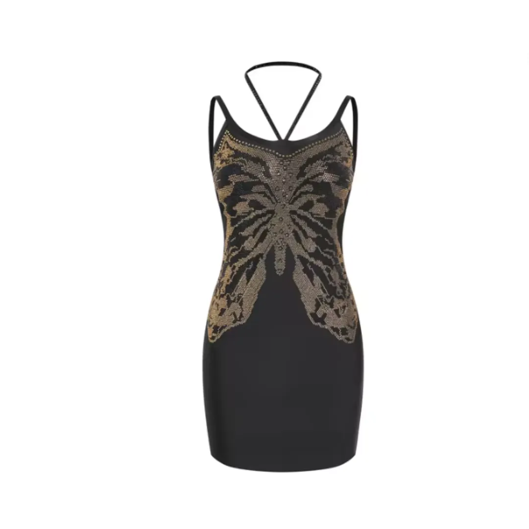 Pre Order: Butterfly Beaded Backless Hanging Neck Bandage Dress