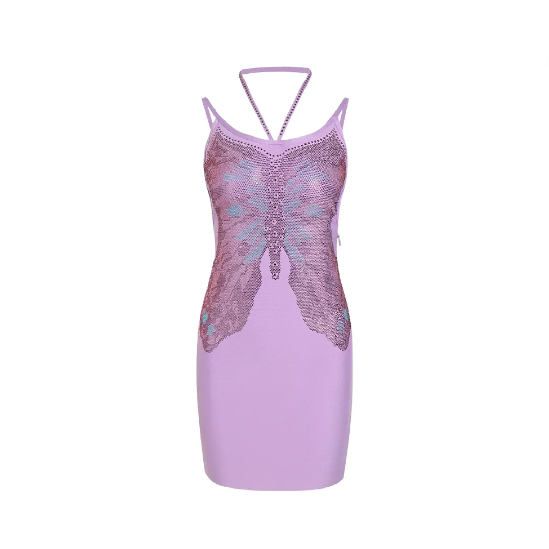 Pre Order: Butterfly Beaded Backless Hanging Neck Bandage Dress