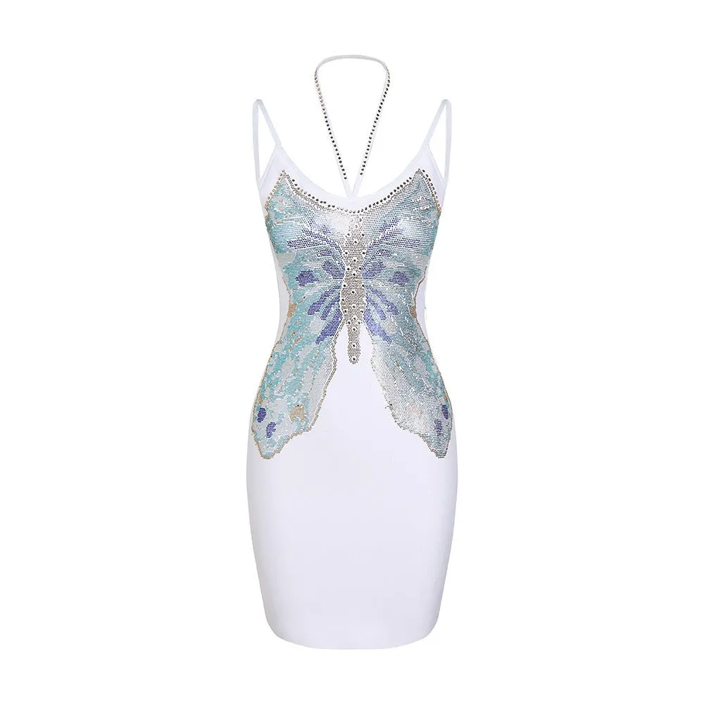 Pre Order: Butterfly Beaded Backless Hanging Neck Bandage Dress