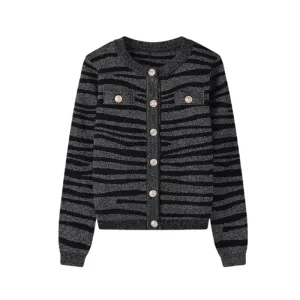 Pre Order: Elegant Striped Round Neck Cardigan