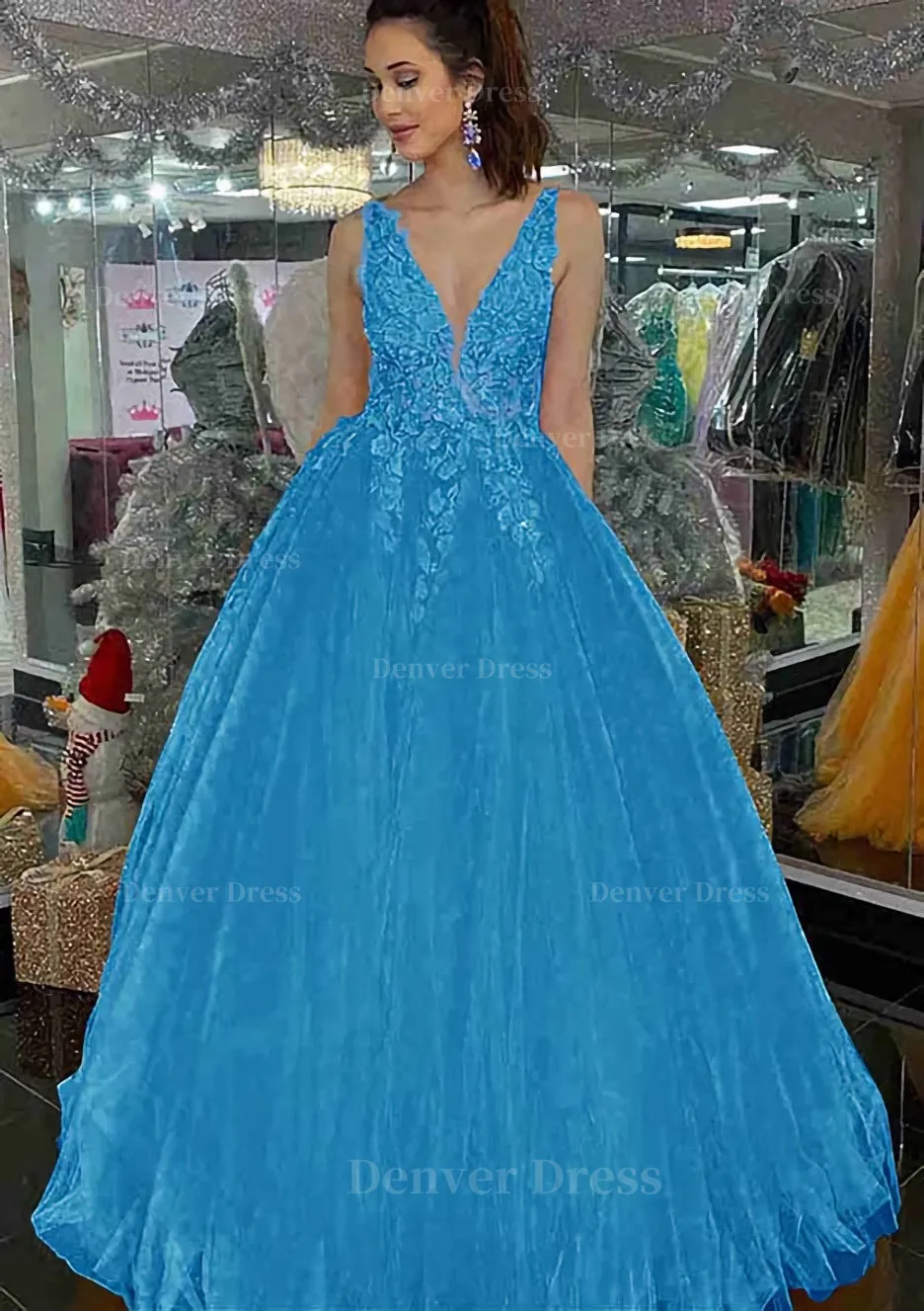 Princess V Neck Long/Floor-Length Tulle Prom Dress With Appliqued