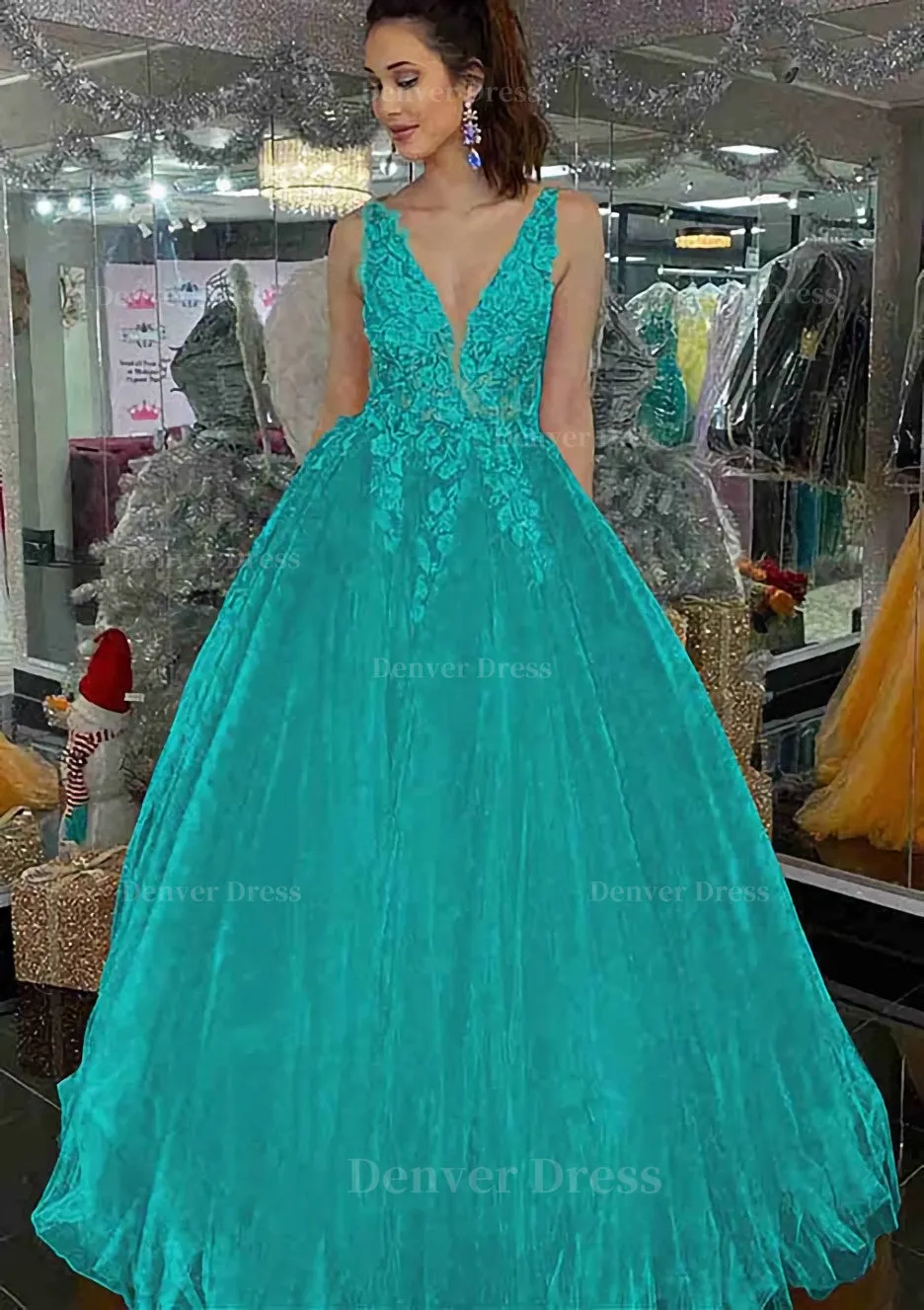 Princess V Neck Long/Floor-Length Tulle Prom Dress With Appliqued