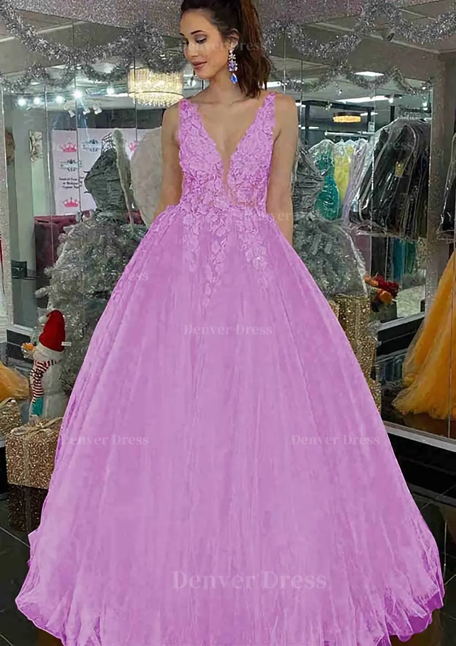 Princess V Neck Long/Floor-Length Tulle Prom Dress With Appliqued