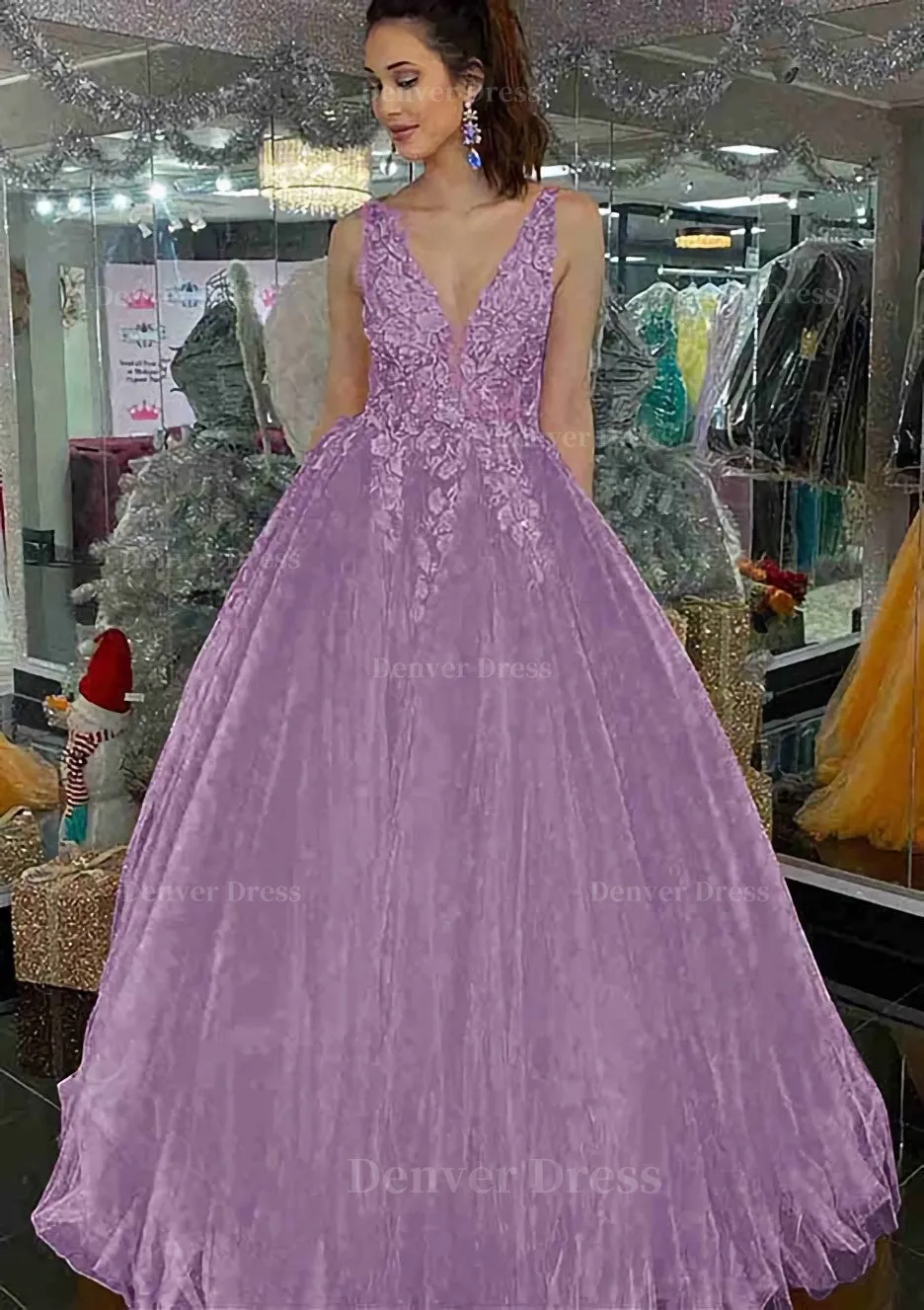 Princess V Neck Long/Floor-Length Tulle Prom Dress With Appliqued