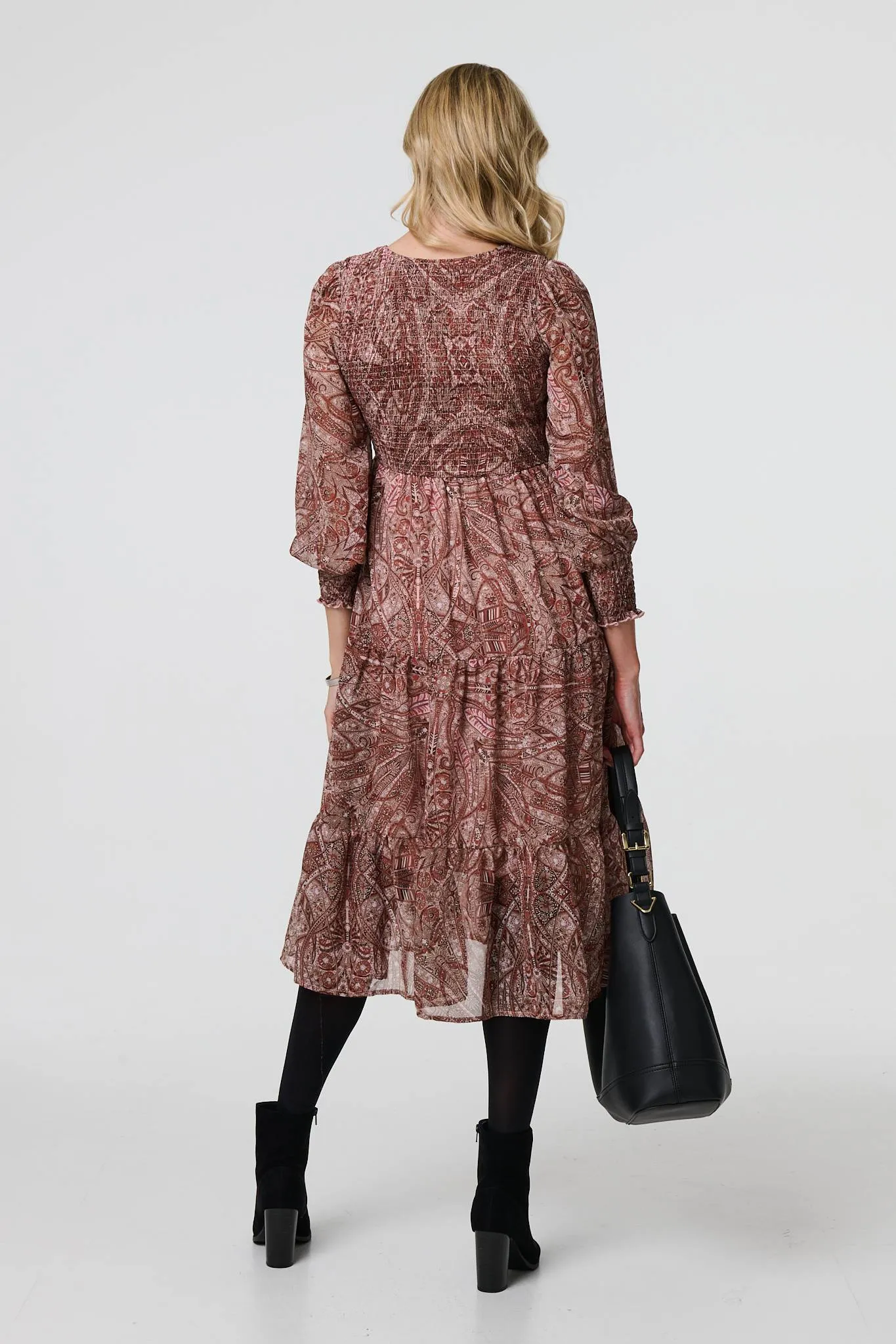 Printed Empire Tiered Midi Smock Dress