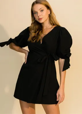 Puff Sleeve Black Wrap Dress