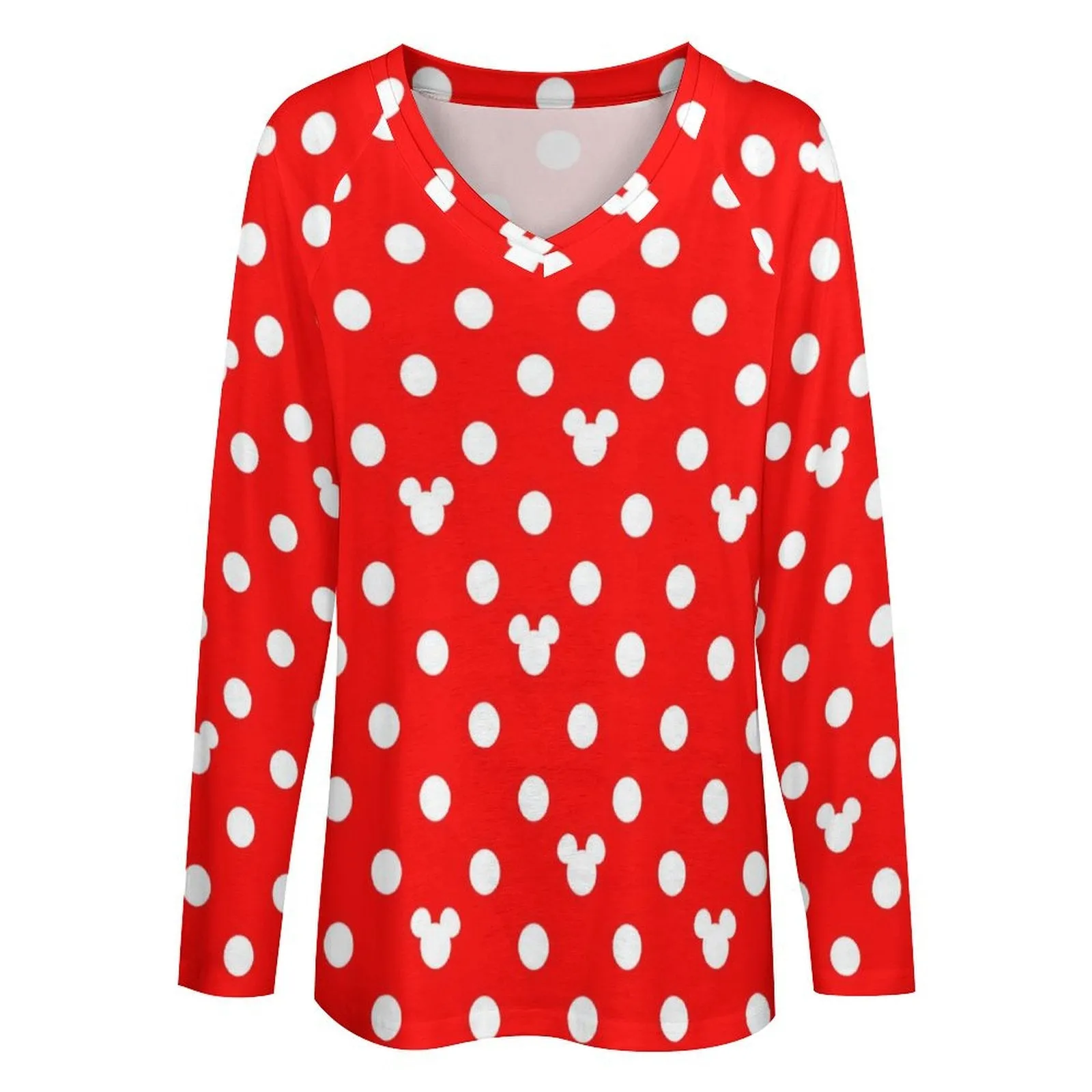 Red With White Mickey Polka Dots Long Sleeve Loose V-Neck Tee