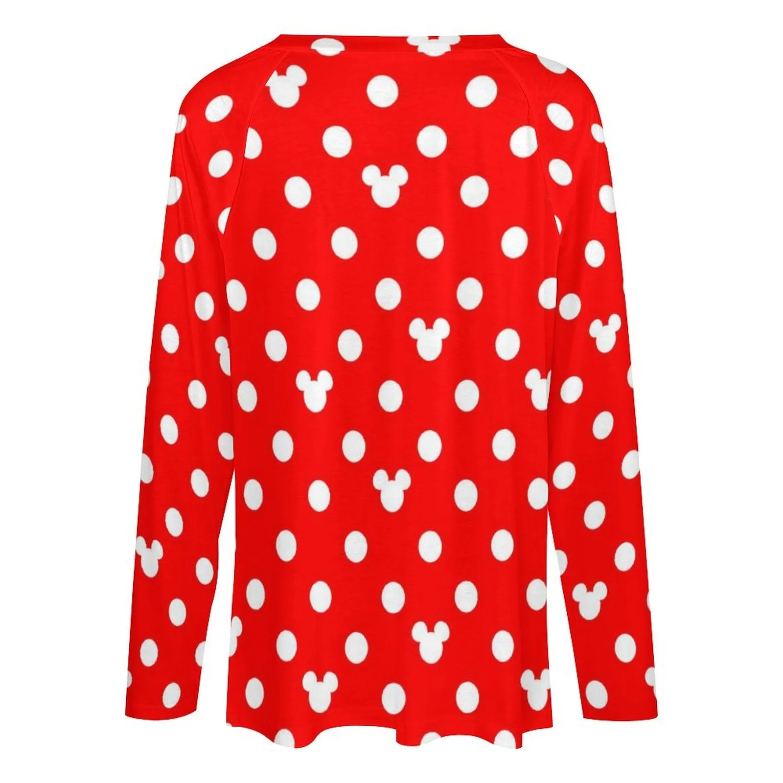 Red With White Mickey Polka Dots Long Sleeve Loose V-Neck Tee