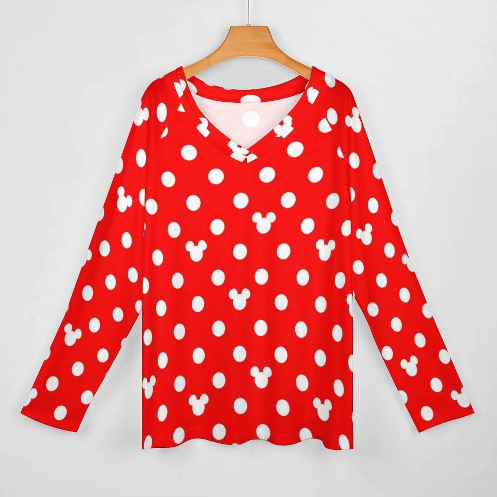 Red With White Mickey Polka Dots Long Sleeve Loose V-Neck Tee