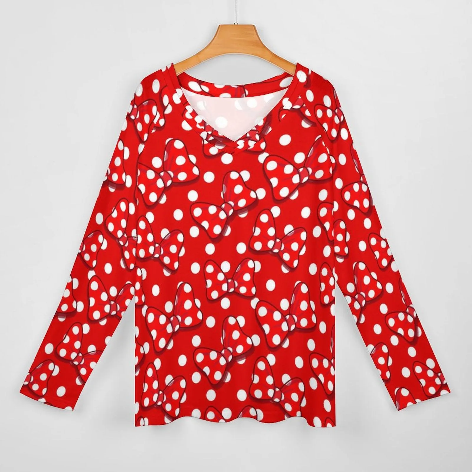 Red With White Polka Dot And Bows Long Sleeve Loose V-Neck Tee