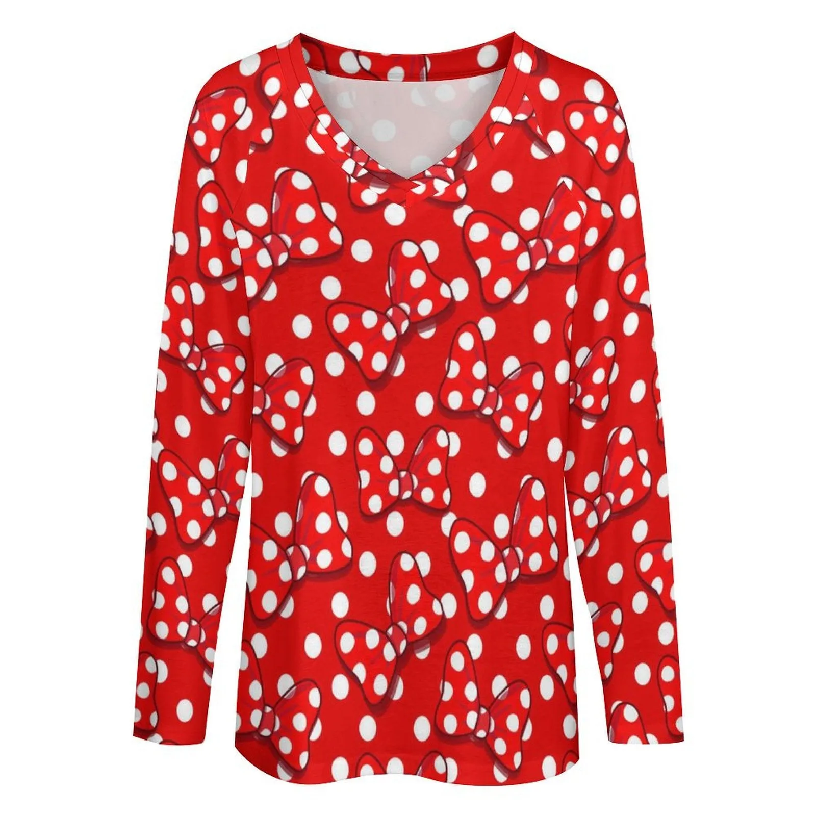 Red With White Polka Dot And Bows Long Sleeve Loose V-Neck Tee