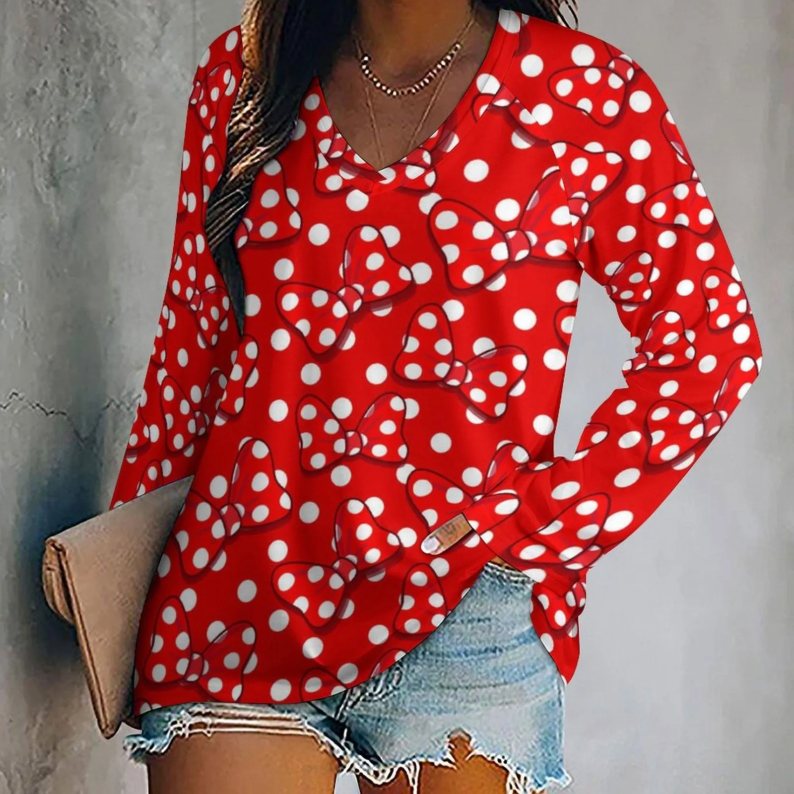 Red With White Polka Dot And Bows Long Sleeve Loose V-Neck Tee