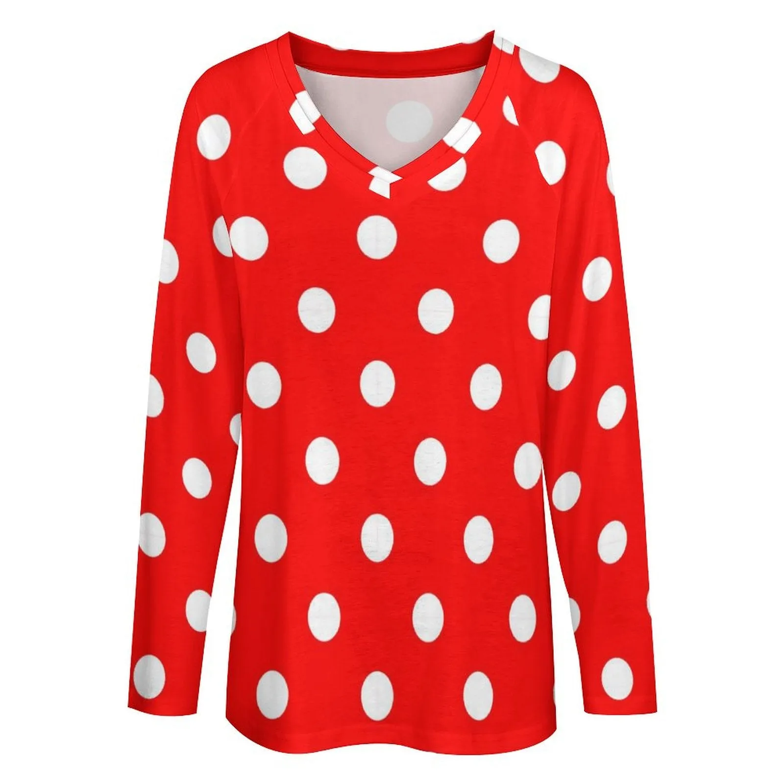 Red With White Polka Dots Long Sleeve Loose V-Neck Tee