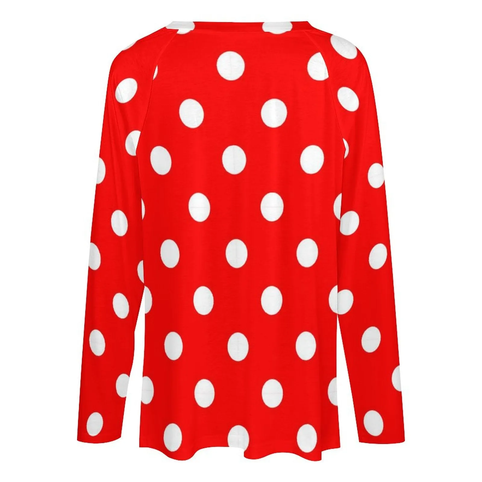 Red With White Polka Dots Long Sleeve Loose V-Neck Tee