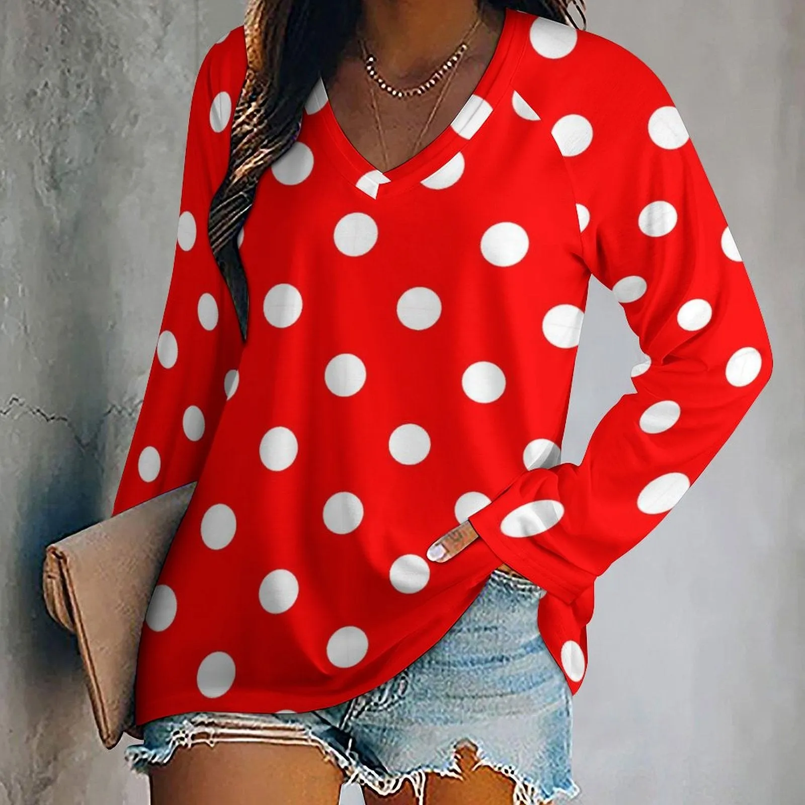 Red With White Polka Dots Long Sleeve Loose V-Neck Tee