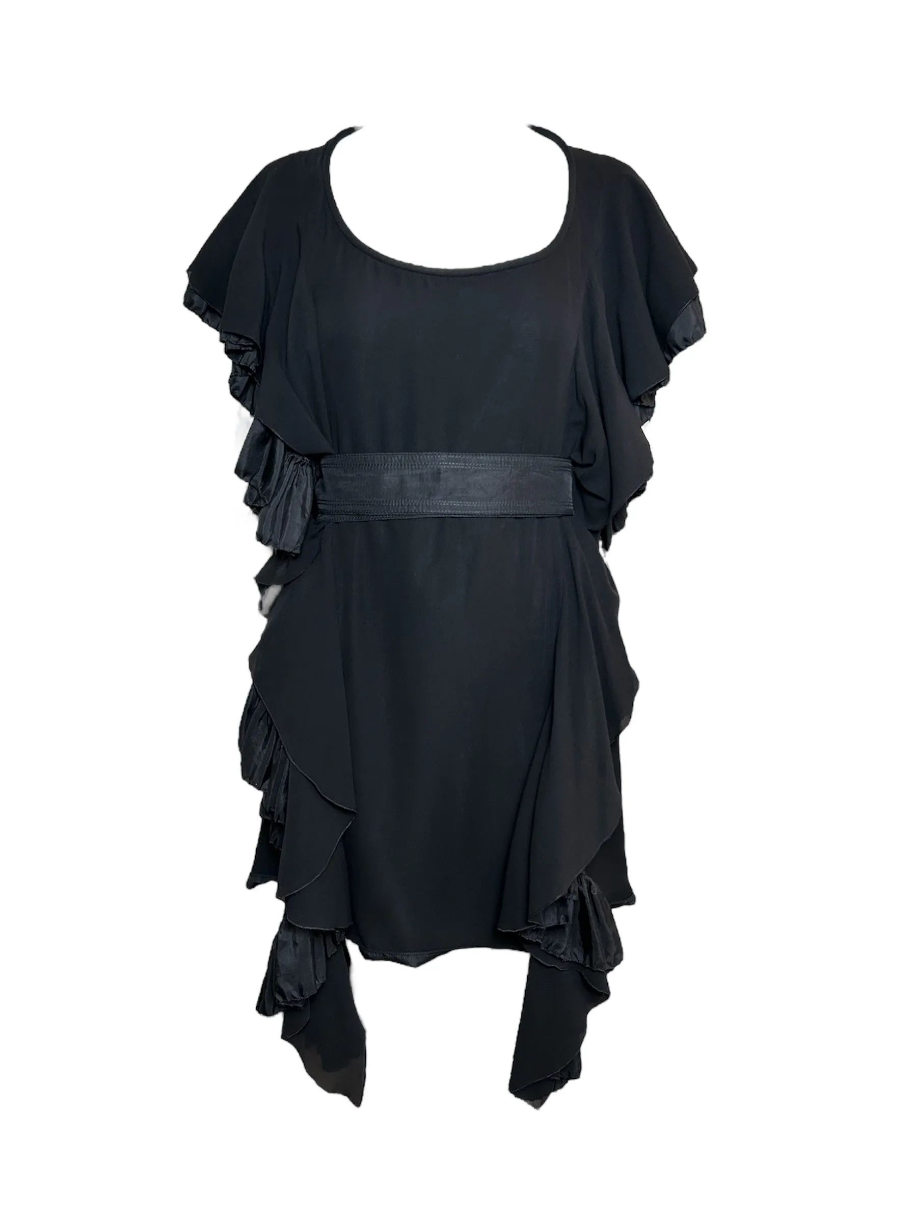 Robert Normand Early 2000s Avant-Garde Ruffle Black Belted Dress